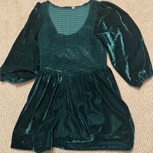 Free People Dark Green Velvet Smocked Waist Puff Sleeve Dress